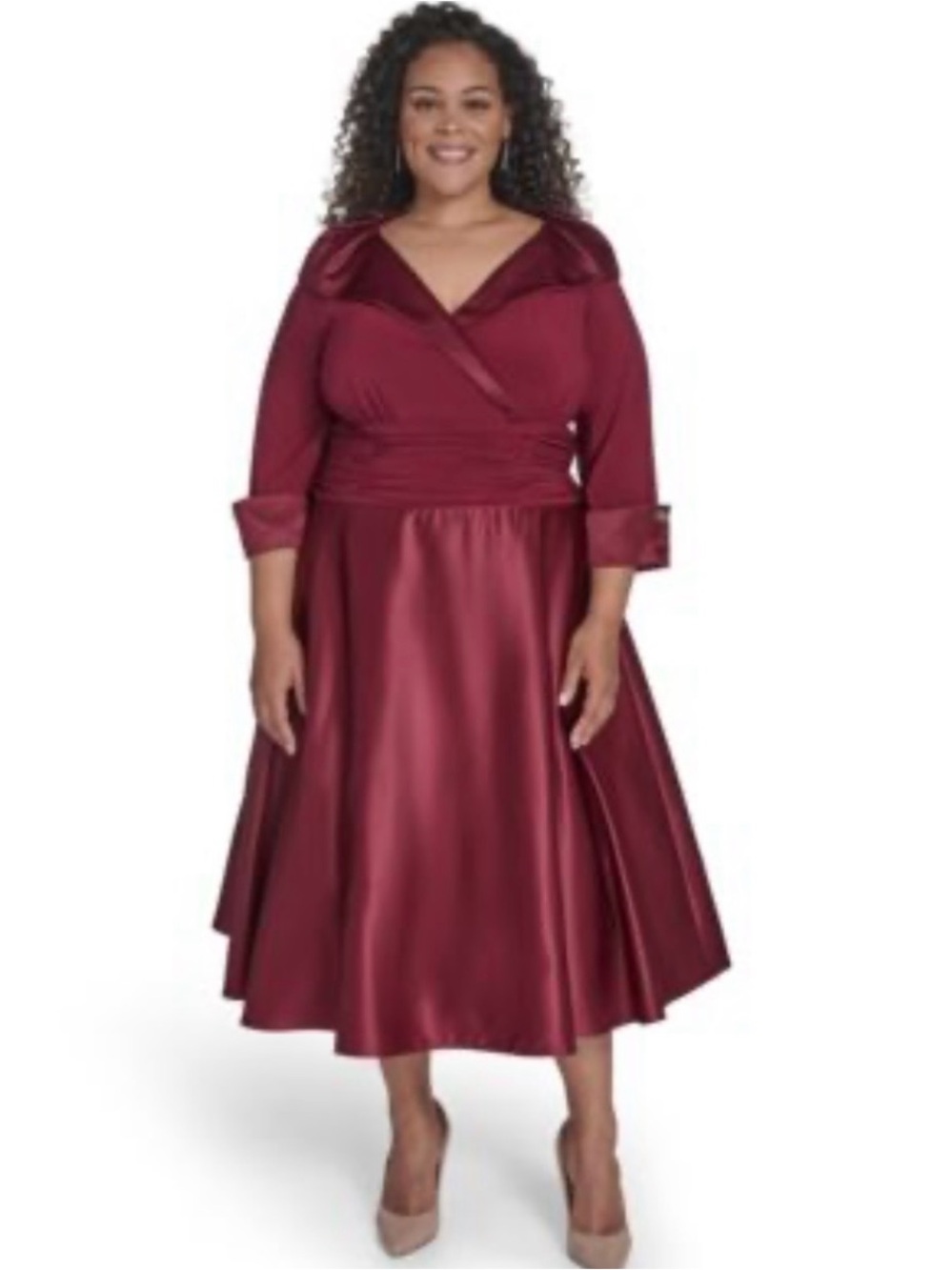 #937 Jessica Howard Wine Satin Wrap Midi Dress. Rhinestone on cuff. NWT
